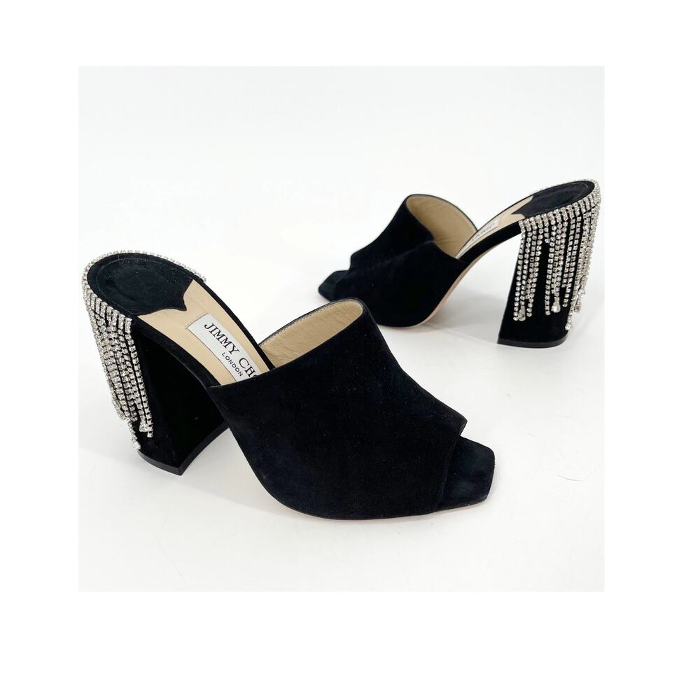 Jimmy Choo Baia Black Suede Crystal Fringe 100mm Mule Heels IT 37 Open Toe